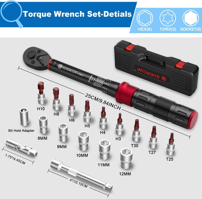 SUERCUP 1/4-Inch Drive Click Torque Wrench, 18 PCS Bike Torque Wrench Set 3-25Nm, Dual-Direction Adjustable 72 Tooth Click Torque Wrench, Used for Bicycle Maintenance - Image 3